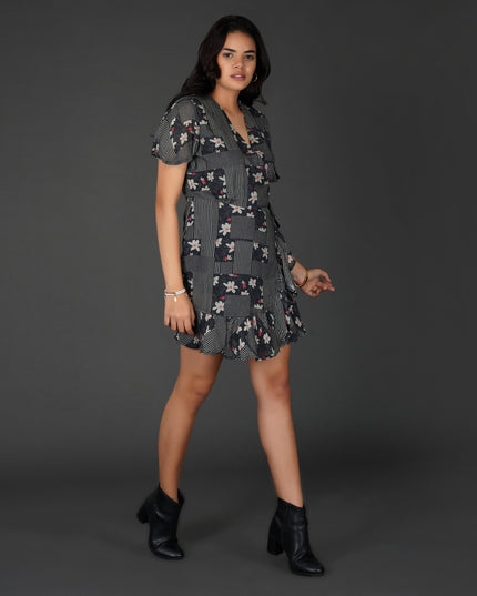 Monochrome Floral Printed Wrap Dress