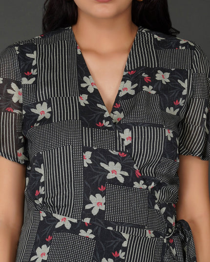 Monochrome Floral Printed Wrap Dress