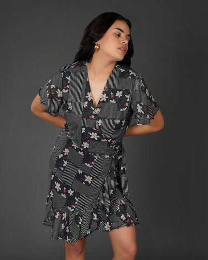 Monochrome Floral Printed Wrap Dress