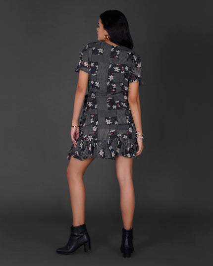 Monochrome Floral Printed Wrap Dress