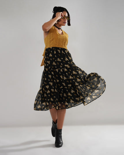 Mustard Crochet Bodice Dress with Floral Georgette Skirt