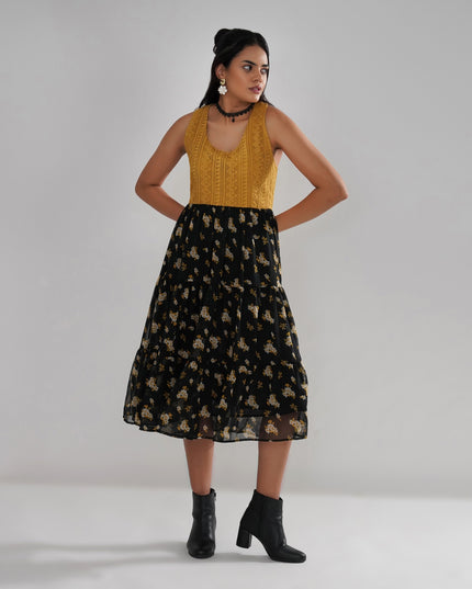 Mustard Crochet Bodice Dress with Floral Georgette Skirt