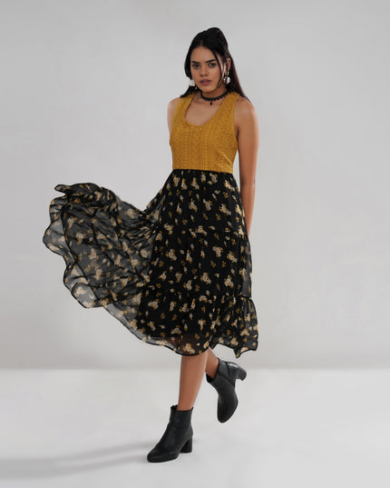 Mustard Crochet Bodice Dress with Floral Georgette Skirt