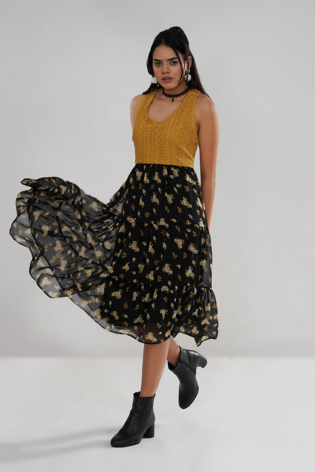 Mustard Crochet Bodice Dress with Floral Georgette Skirt