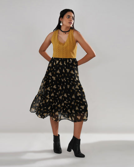 Mustard Crochet Bodice Dress with Floral Georgette Skirt