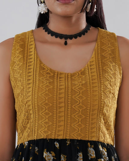 Mustard Crochet Bodice Dress with Floral Georgette Skirt