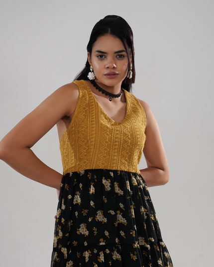 Mustard Crochet Bodice Dress with Floral Georgette Skirt