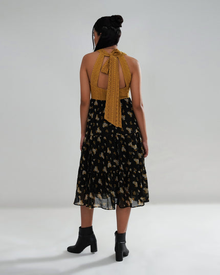 Mustard Crochet Bodice Dress with Floral Georgette Skirt