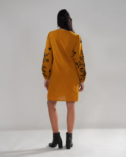 Mustard Embroidered Cotton Slub Dress with Balloon Sleeves