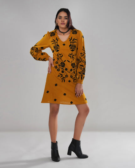 Mustard Embroidered Cotton Slub Dress with Balloon Sleeves