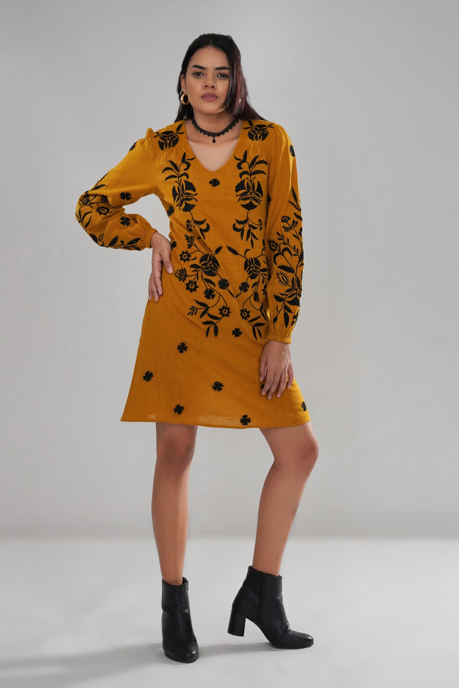 Mustard Embroidered Cotton Slub Dress with Balloon Sleeves