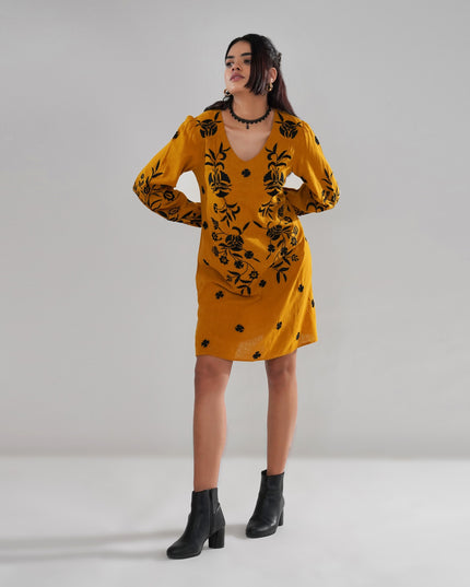 Mustard Embroidered Cotton Slub Dress with Balloon Sleeves