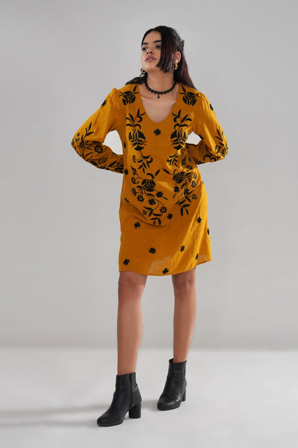 Mustard Embroidered Cotton Slub Dress with Balloon Sleeves
