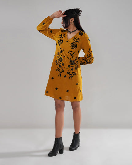 Mustard Embroidered Cotton Slub Dress with Balloon Sleeves
