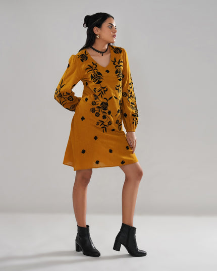 Mustard Embroidered Cotton Slub Dress with Balloon Sleeves