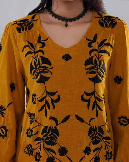 Mustard Embroidered Cotton Slub Dress with Balloon Sleeves
