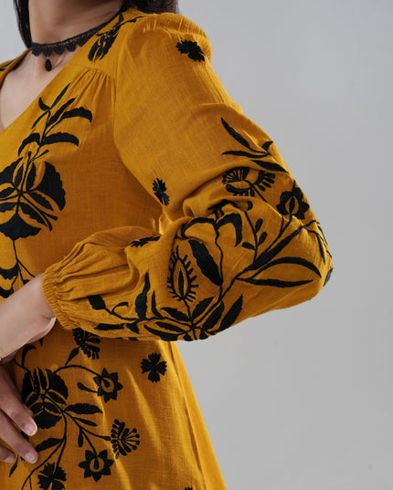Mustard Embroidered Cotton Slub Dress with Balloon Sleeves