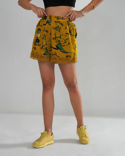 Mustard Artistic Print Cord Set with Crochet Lace Accents