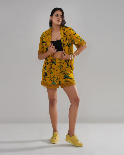 Mustard Artistic Print Cord Set with Crochet Lace Accents