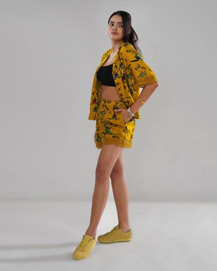 Mustard Artistic Print Cord Set with Crochet Lace Accents