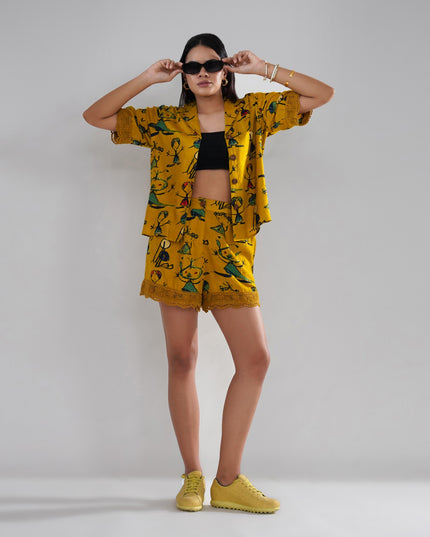 Mustard Artistic Print Cord Set with Crochet Lace Accents