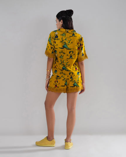 Mustard Artistic Print Cord Set with Crochet Lace Accents