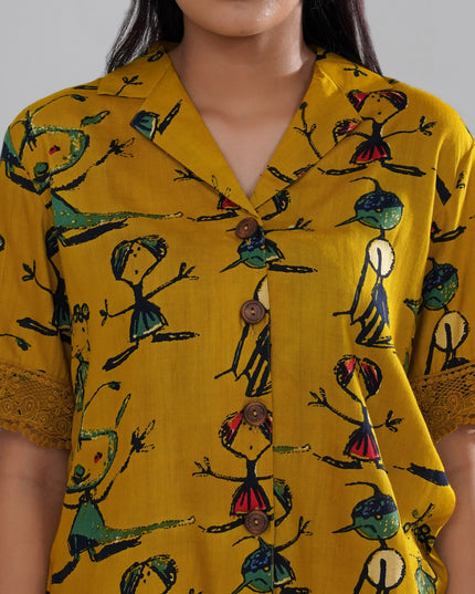 Mustard Artistic Print Cord Set with Crochet Lace Accents