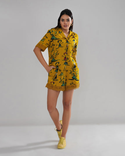 Mustard Artistic Print Cord Set with Crochet Lace Accents