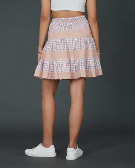 Pastel Checkered Cotton and Schiffli Lace Flared Skirt