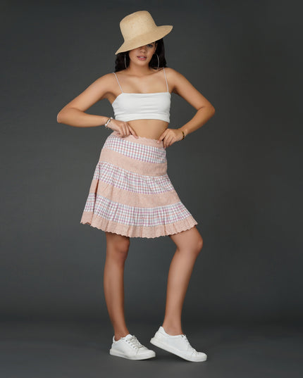Pastel Checkered Cotton and Schiffli Lace Flared Skirt