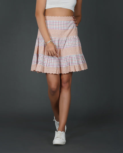 Pastel Checkered Cotton and Schiffli Lace Flared Skirt
