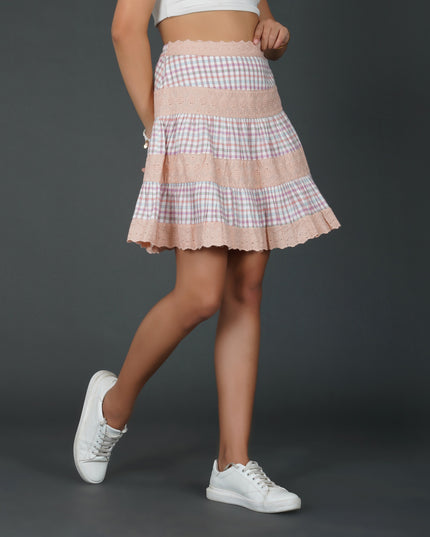 Pastel Checkered Cotton and Schiffli Lace Flared Skirt