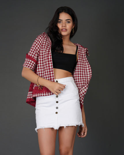 Red Cotton Check Shirt with Schiffli Embroidery and Hood