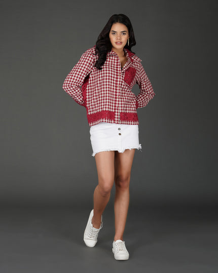 Red Cotton Check Shirt with Schiffli Embroidery and Hood