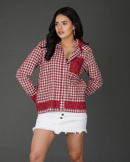 Red Cotton Check Shirt with Schiffli Embroidery and Hood