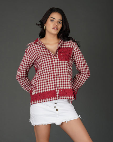Red Cotton Check Shirt with Schiffli Embroidery and Hood