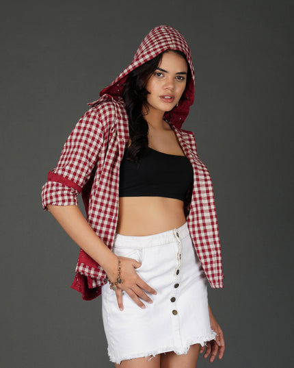 Red Cotton Check Shirt with Schiffli Embroidery and Hood