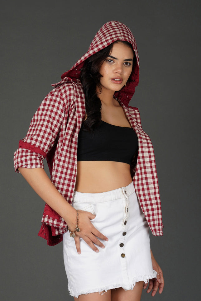 Red Cotton Check Shirt with Schiffli Embroidery and Hood