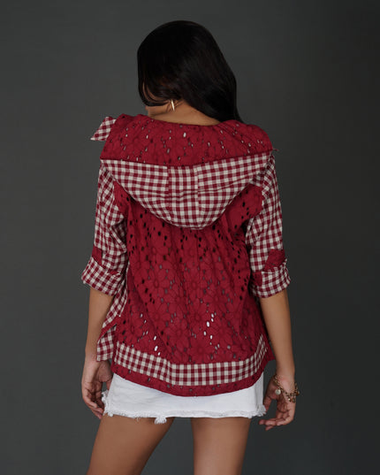 Red Cotton Check Shirt with Schiffli Embroidery and Hood