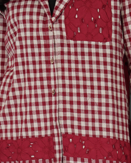 Red Cotton Check Shirt with Schiffli Embroidery and Hood
