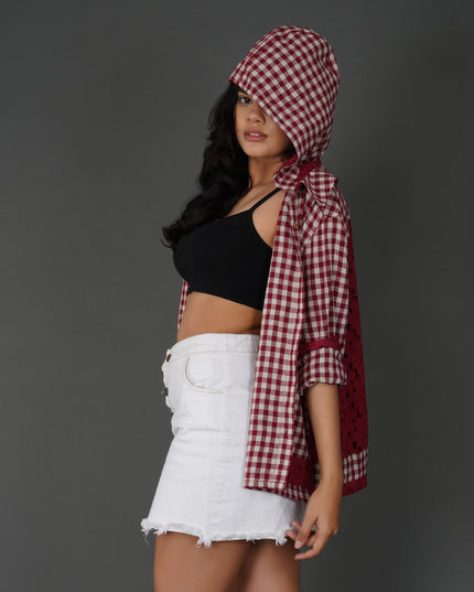 Red Cotton Check Shirt with Schiffli Embroidery and Hood