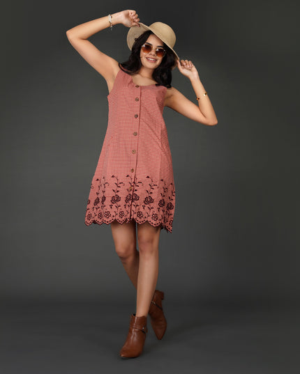 Rust Check Sleeveless Cotton Dress with Floral Embroidered Hem