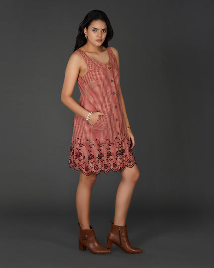 Rust Check Sleeveless Cotton Dress with Floral Embroidered Hem
