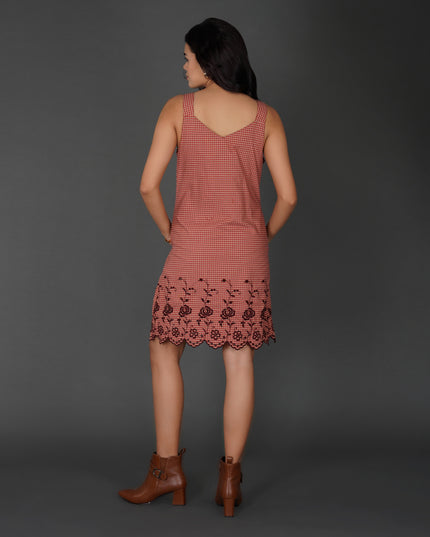 Rust Check Sleeveless Cotton Dress with Floral Embroidered Hem