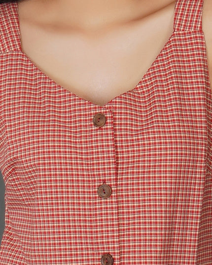 Rust Check Sleeveless Cotton Dress with Floral Embroidered Hem