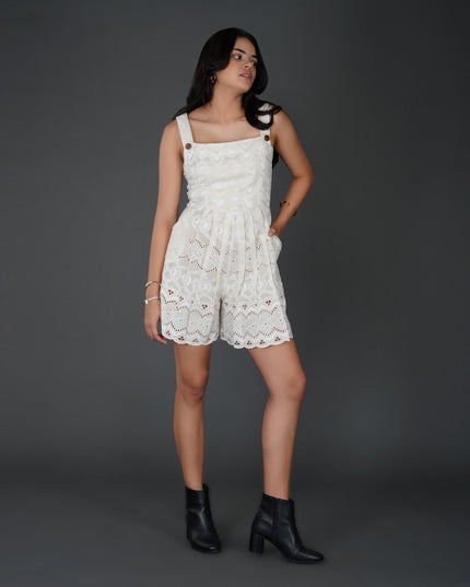 Scalloped Schiffli Cotton Jumpsuit with Button Details