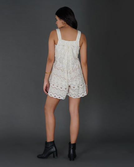 Scalloped Schiffli Cotton Jumpsuit with Button Details