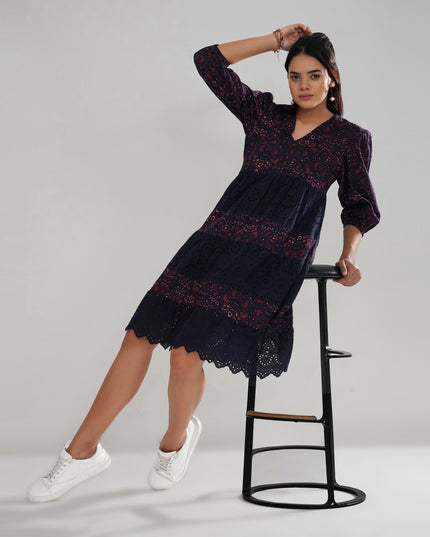 Schiffli Embroidered and Printed Rayon Tiered Midi Dress