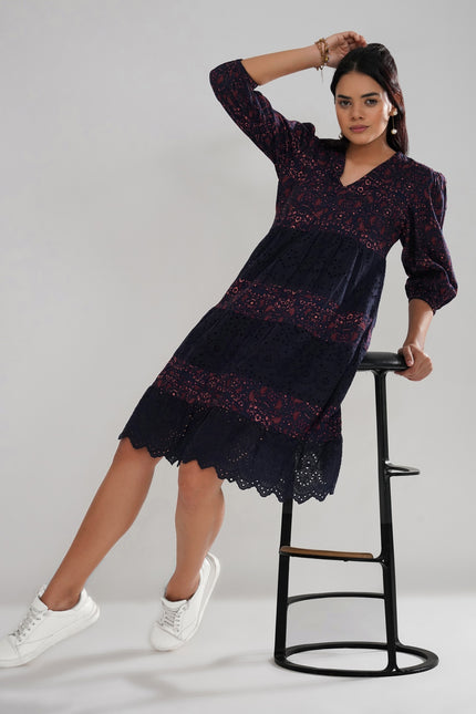 Schiffli Embroidered and Printed Rayon Tiered Midi Dress
