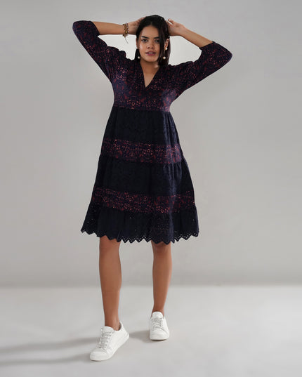 Schiffli Embroidered and Printed Rayon Tiered Midi Dress